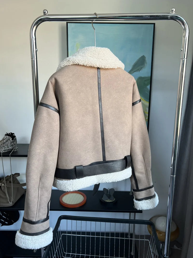 ETJ 2025 New synthetic sheepskin women's Coat Thickened thermal bomber Jacket Y2K lapel vintage winter fashion