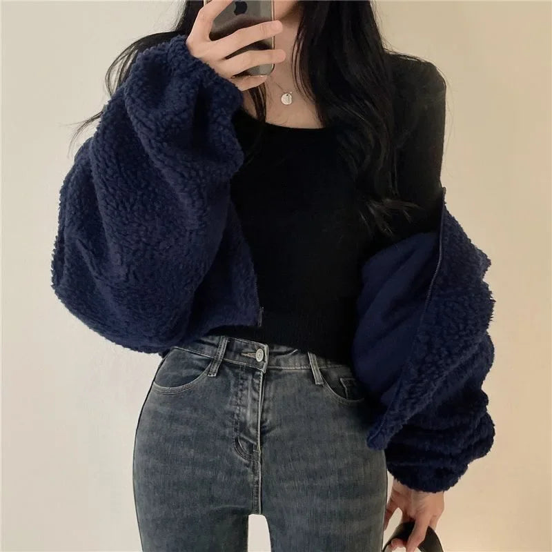 Korean Style Cropped Stand Collar Warm Faux Sheep Velvet Jacket For Women New Arrival Loose Fit Cardigan Top For Autumn/Winter