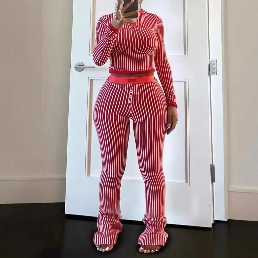 CM.YAYA Women's Set Long Sleeve Striped Crop T-shirt + Flare Pants Active Fitness Streetwear Two 2 Piece Sets Outfits Tracksuit