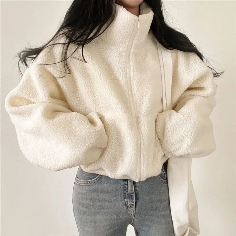 Korean Style Cropped Stand Collar Warm Faux Sheep Velvet Jacket For Women New Arrival Loose Fit Cardigan Top For Autumn/Winter