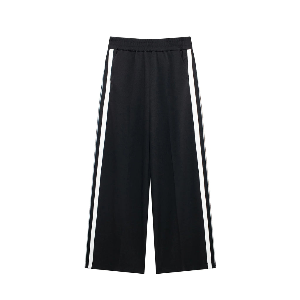 HH Women Casual Sports Suit Fashion Side Stripe Lapel Long Sleeve Zipper Jacket Female Chic Elastic Waist Wide Leg Pants