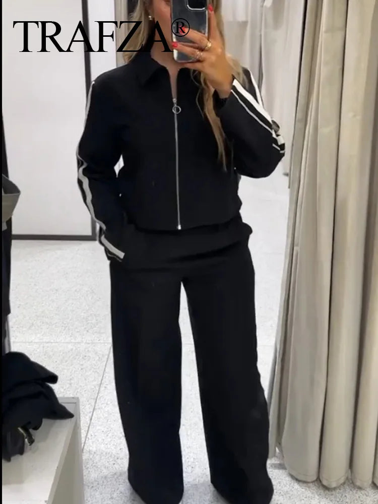HH Women Casual Sports Suit Fashion Side Stripe Lapel Long Sleeve Zipper Jacket Female Chic Elastic Waist Wide Leg Pants