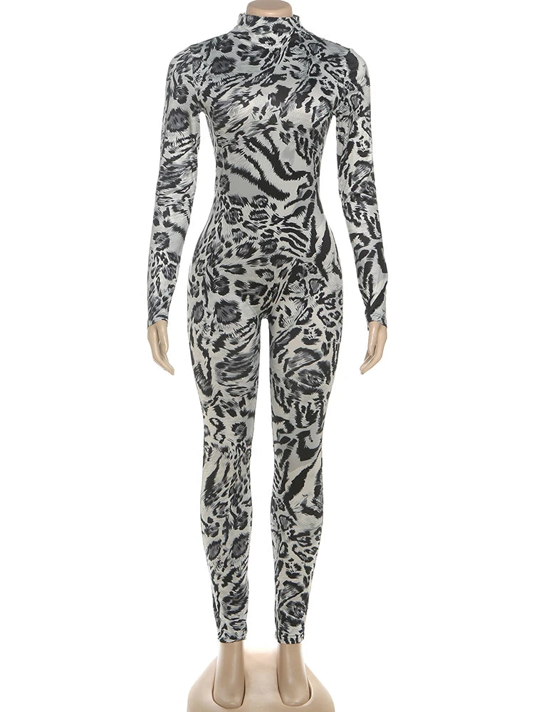 Weird Puss Fitness Jumpsuit Women Sexy Zip Leopard Print Full Sleeve Streetwear Activity Workout Casual Tight Stretch Overalls