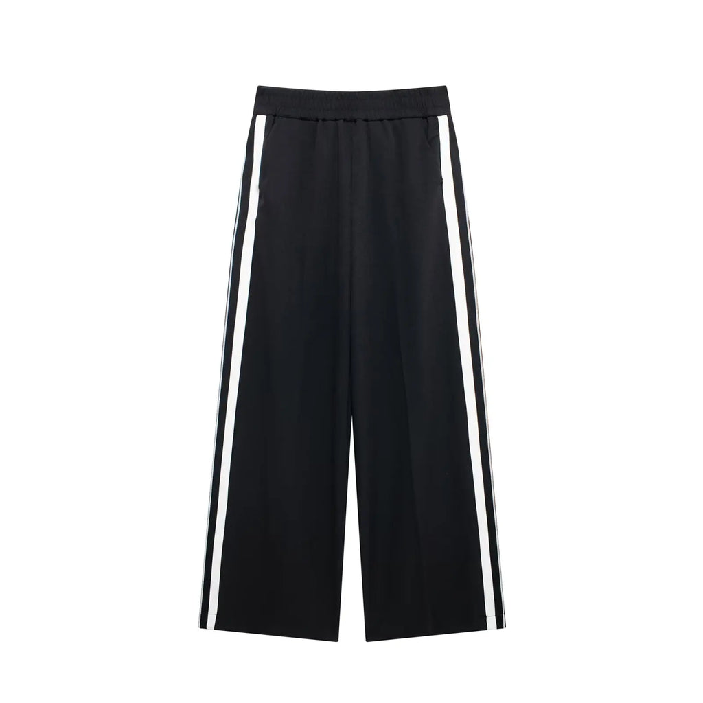 HH Women Casual Sports Suit Fashion Side Stripe Lapel Long Sleeve Zipper Jacket Female Chic Elastic Waist Wide Leg Pants