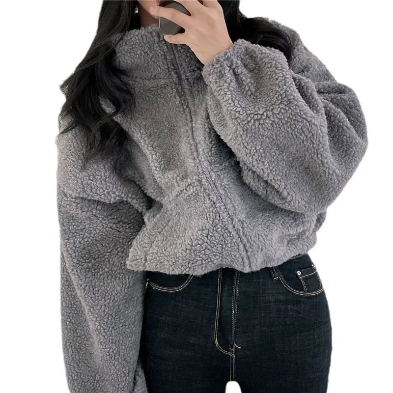 Korean Style Cropped Stand Collar Warm Faux Sheep Velvet Jacket For Women New Arrival Loose Fit Cardigan Top For Autumn/Winter