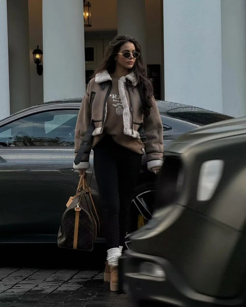 ETJ 2025 New synthetic sheepskin women's Coat Thickened thermal bomber Jacket Y2K lapel vintage winter fashion