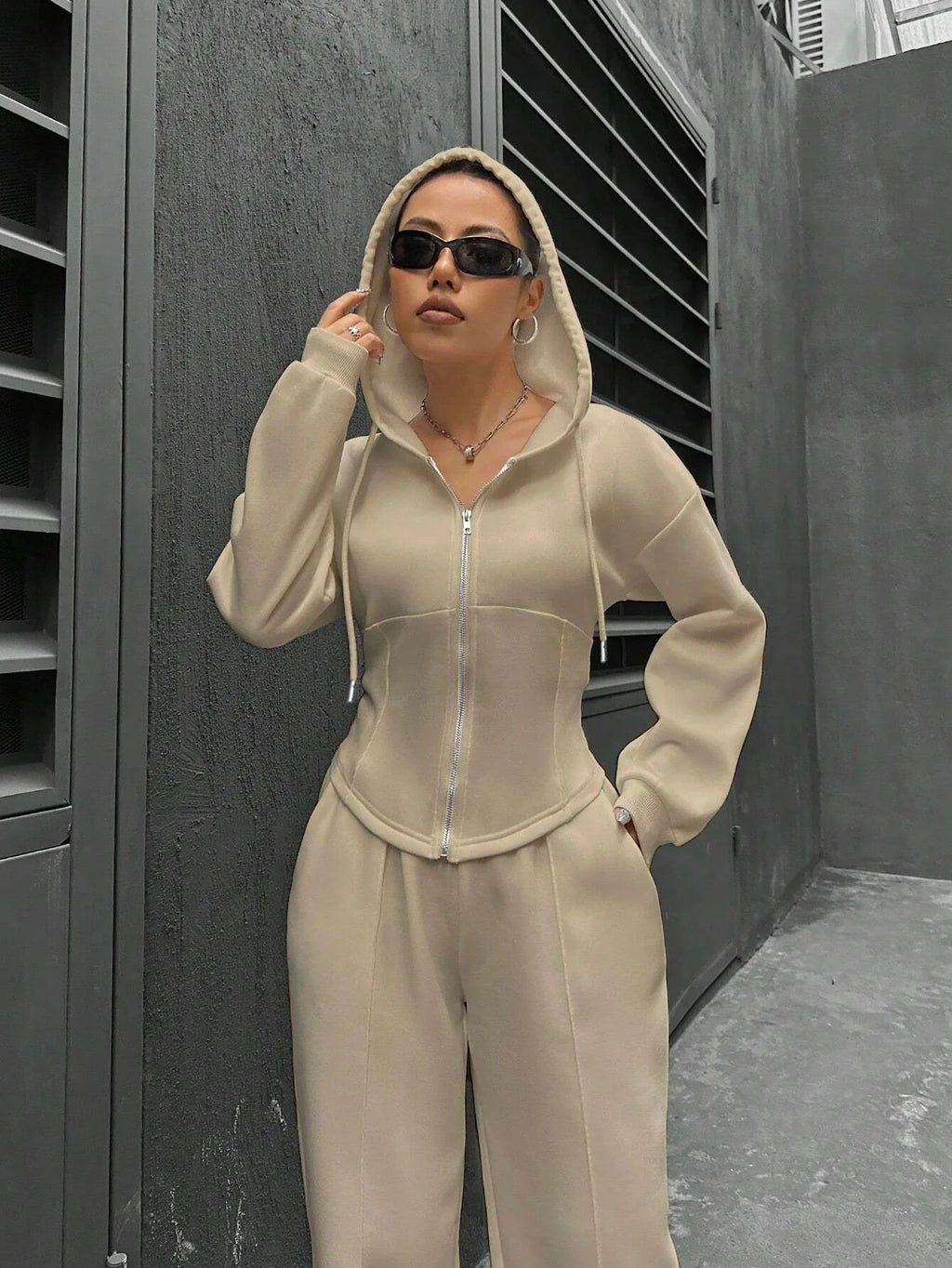 Women's Zip-Up Hoodie & Straight Trousers Set