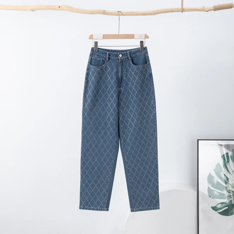 Diamond-shaped Rhinestones Woman's Denim Pants Shiny Diamond Straight Jeans for Women High Rise Trousers Y2k High Street Pants