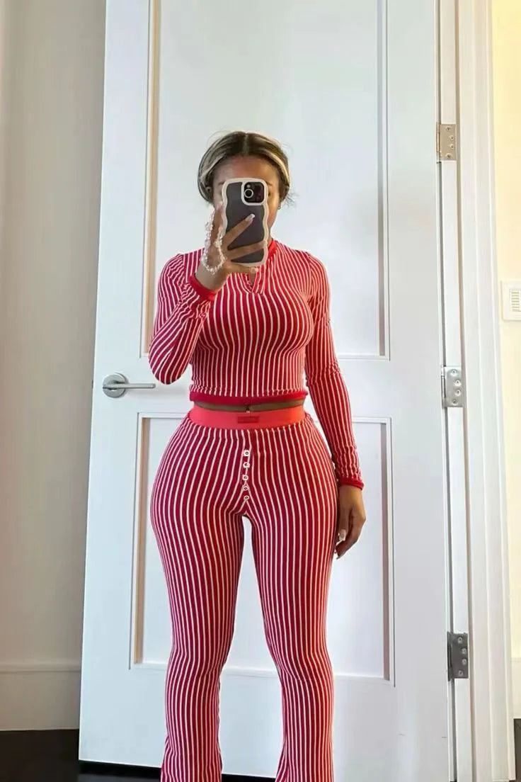 CM.YAYA Women's Set Long Sleeve Striped Crop T-shirt + Flare Pants Active Fitness Streetwear Two 2 Piece Sets Outfits Tracksuit