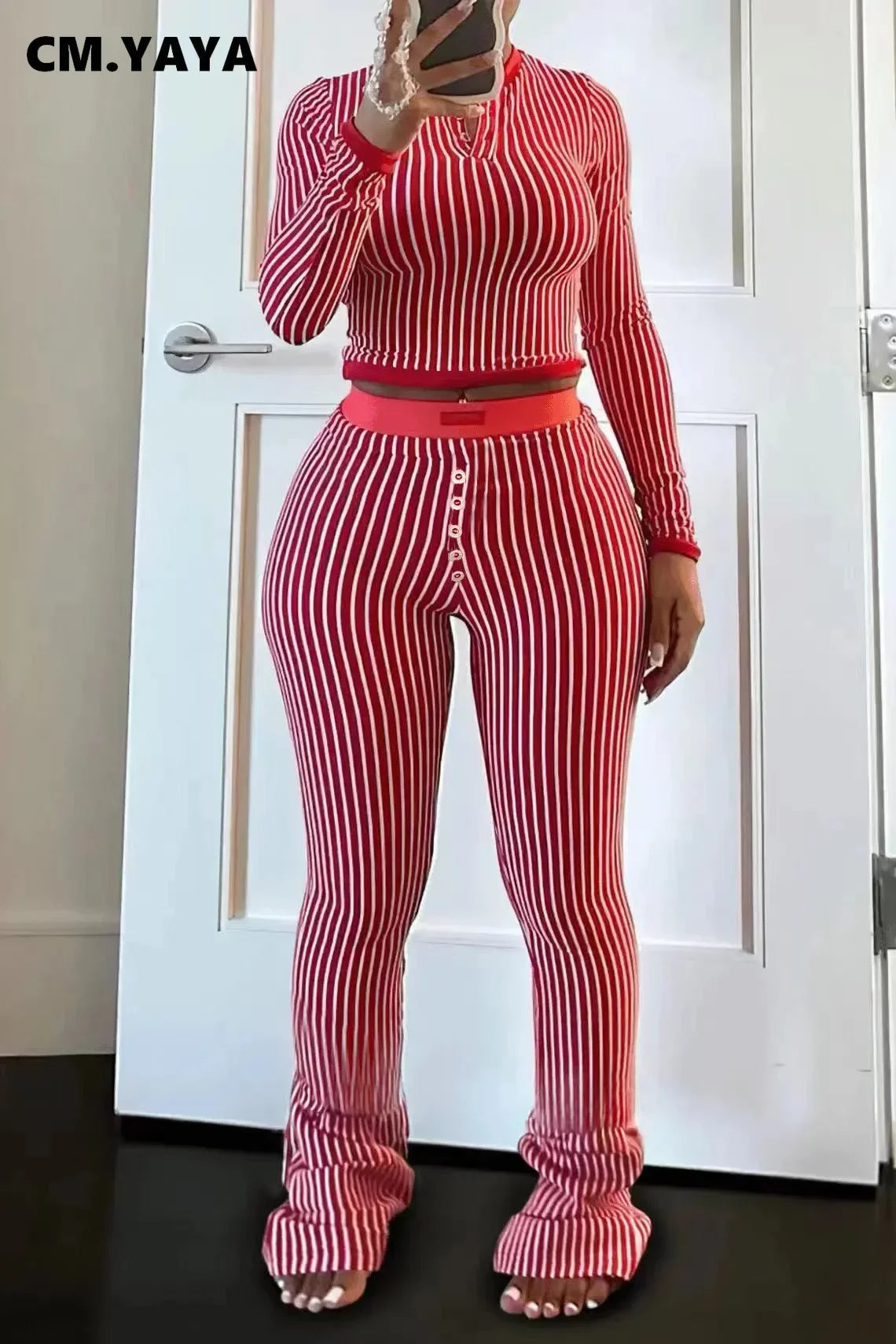 CM.YAYA Women's Set Long Sleeve Striped Crop T-shirt + Flare Pants Active Fitness Streetwear Two 2 Piece Sets Outfits Tracksuit