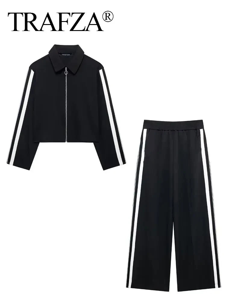 HH Women Casual Sports Suit Fashion Side Stripe Lapel Long Sleeve Zipper Jacket Female Chic Elastic Waist Wide Leg Pants