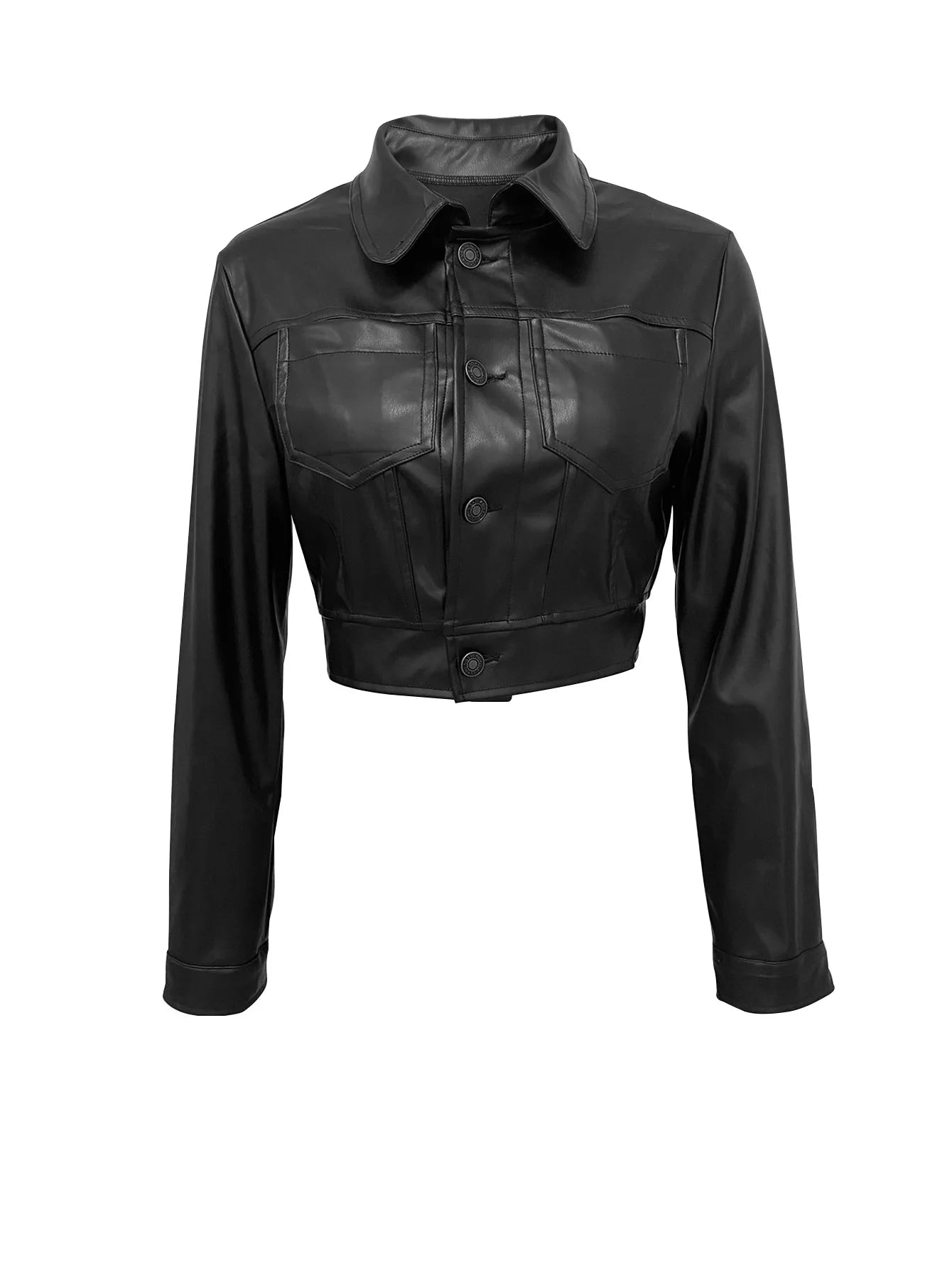 FAGADOER Y2K Punk Leather 2 Piece Sets Women Outfit Fashion Long Sleeve Buttons Crop Jacket And High Waisted Flare Pants Suit
