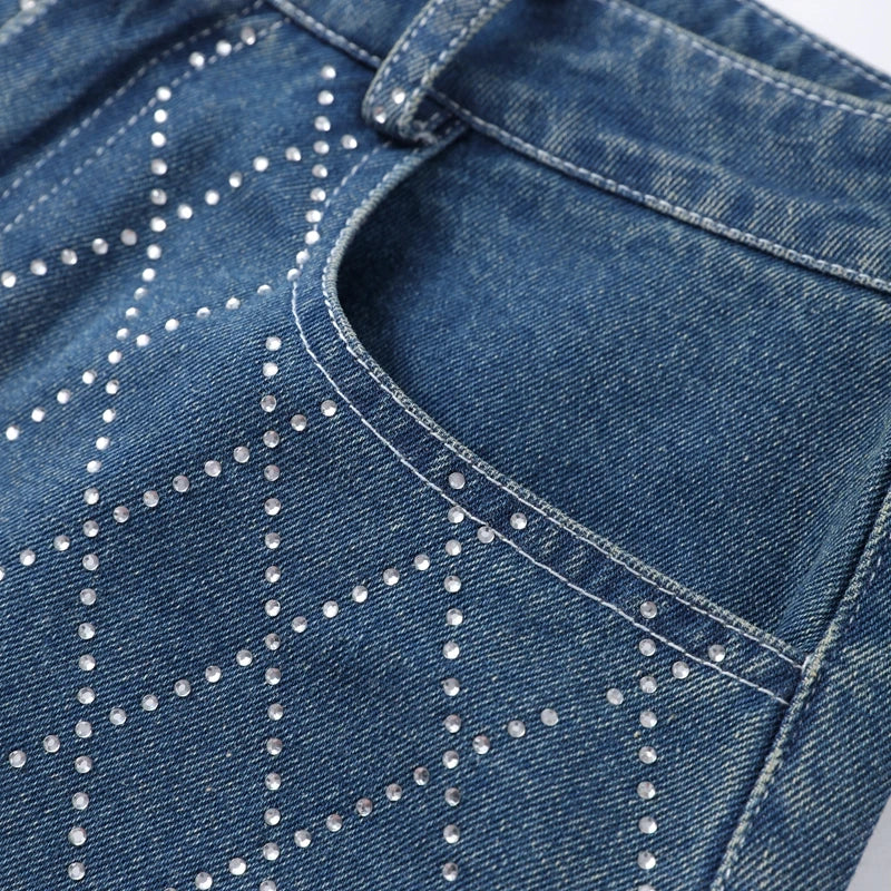 Diamond-shaped Rhinestones Woman's Denim Pants Shiny Diamond Straight Jeans for Women High Rise Trousers Y2k High Street Pants