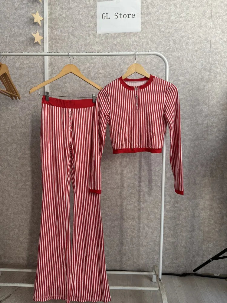 CM.YAYA Women's Set Long Sleeve Striped Crop T-shirt + Flare Pants Active Fitness Streetwear Two 2 Piece Sets Outfits Tracksuit