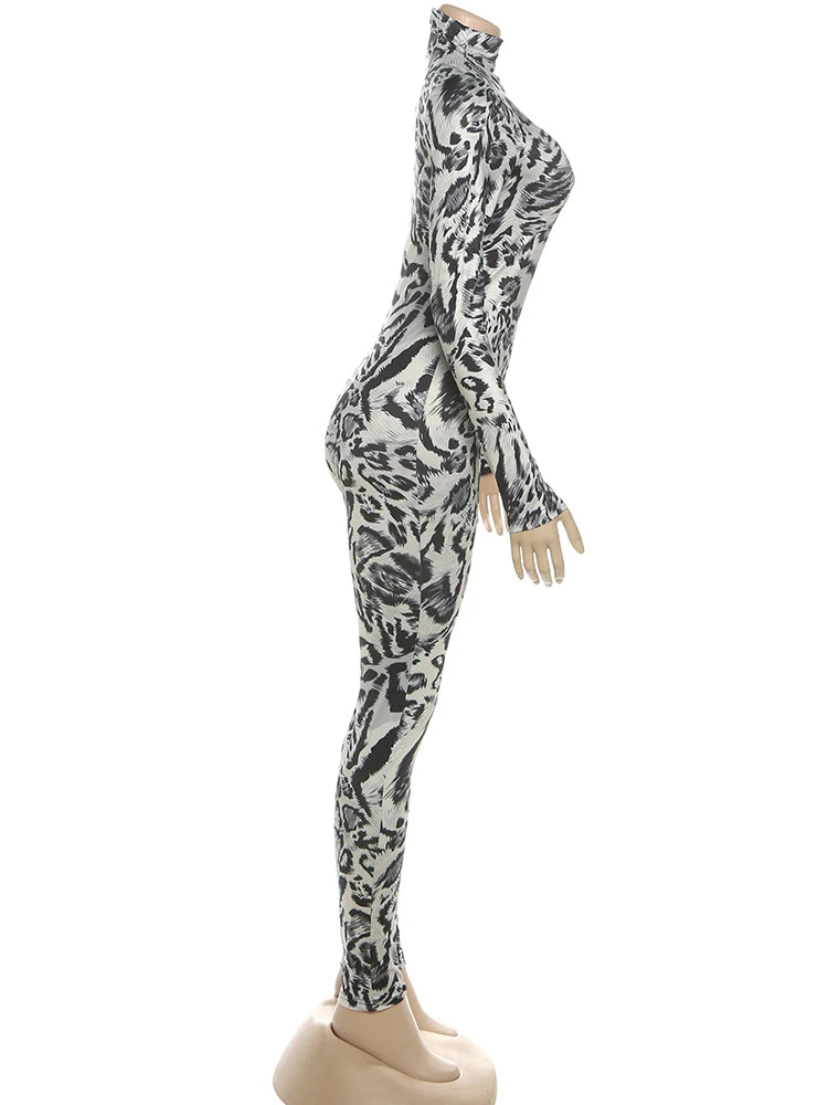 Weird Puss Fitness Jumpsuit Women Sexy Zip Leopard Print Full Sleeve Streetwear Activity Workout Casual Tight Stretch Overalls