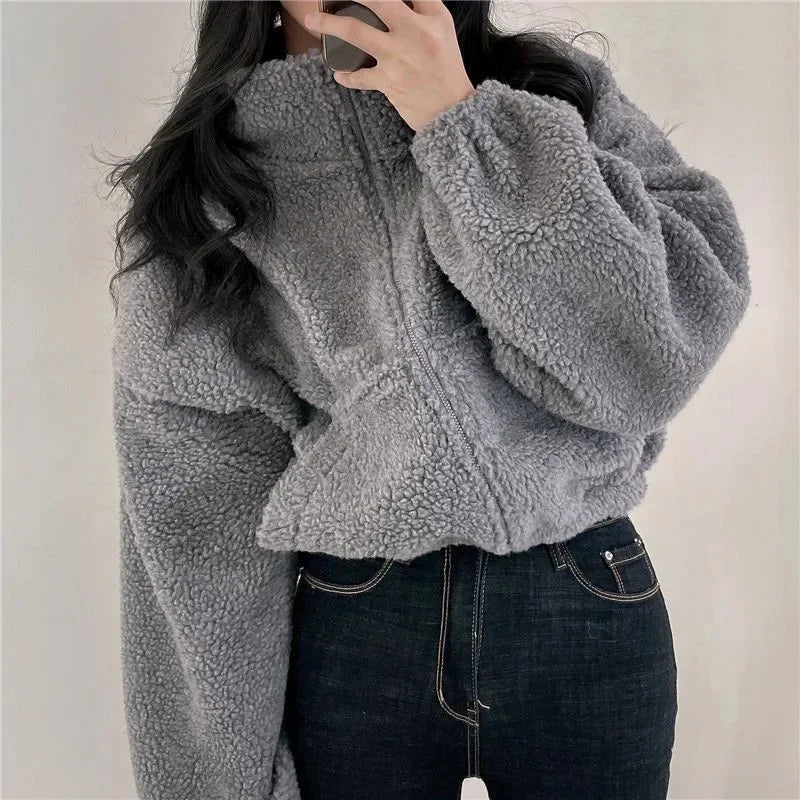 Korean Style Cropped Stand Collar Warm Faux Sheep Velvet Jacket For Women New Arrival Loose Fit Cardigan Top For Autumn/Winter