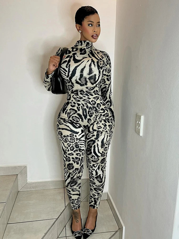 Weird Puss Fitness Jumpsuit Women Sexy Zip Leopard Print Full Sleeve Streetwear Activity Workout Casual Tight Stretch Overalls