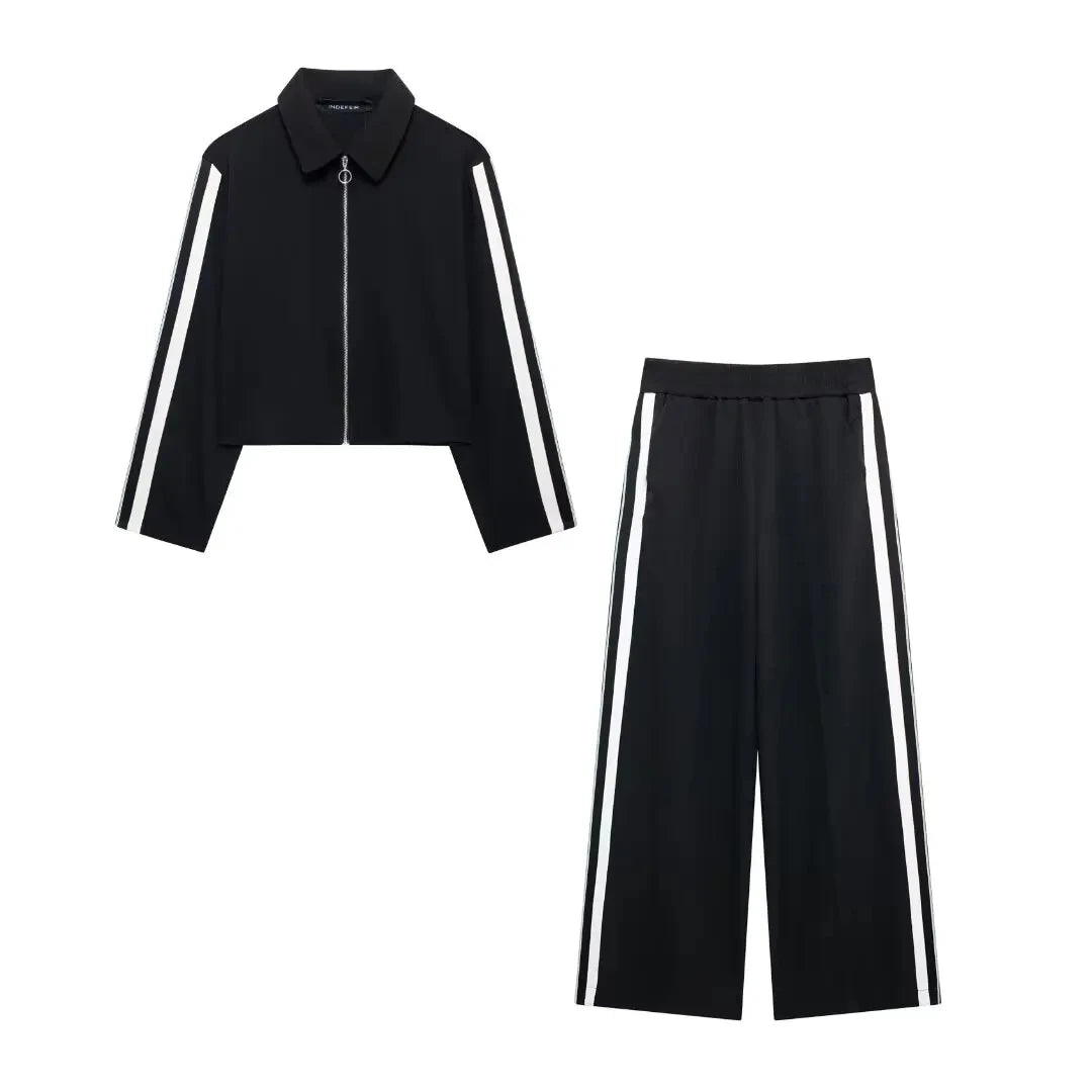 HH Women Casual Sports Suit Fashion Side Stripe Lapel Long Sleeve Zipper Jacket Female Chic Elastic Waist Wide Leg Pants
