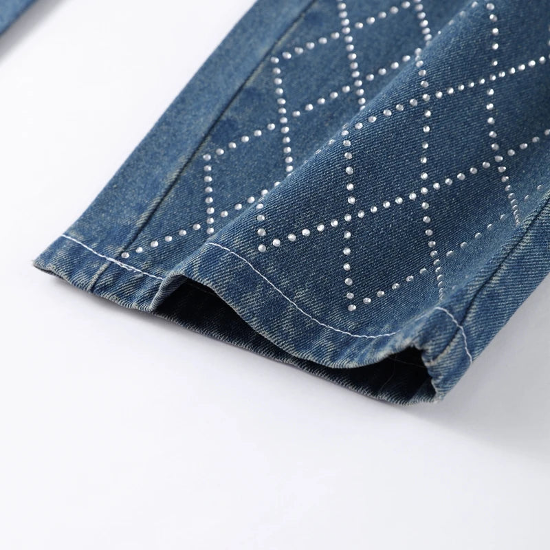 Diamond-shaped Rhinestones Woman's Denim Pants Shiny Diamond Straight Jeans for Women High Rise Trousers Y2k High Street Pants